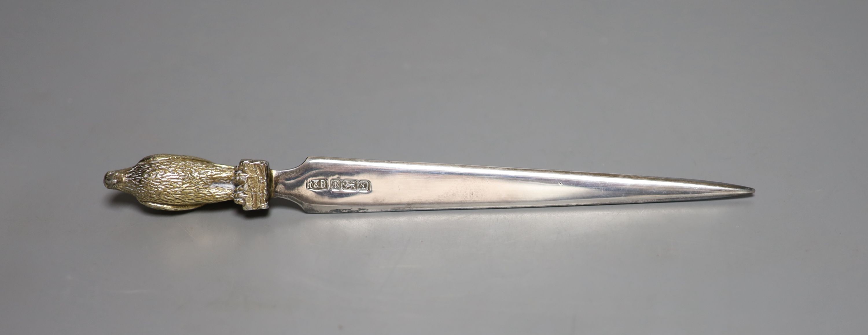 A modern parcel gilt silver letter opener, with eagle terminal, Roberts & Belk, Sheffield, 1978, 20.5cm.